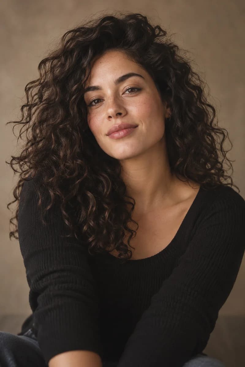 Portrait of a creator with dark curly hair in a warm studio