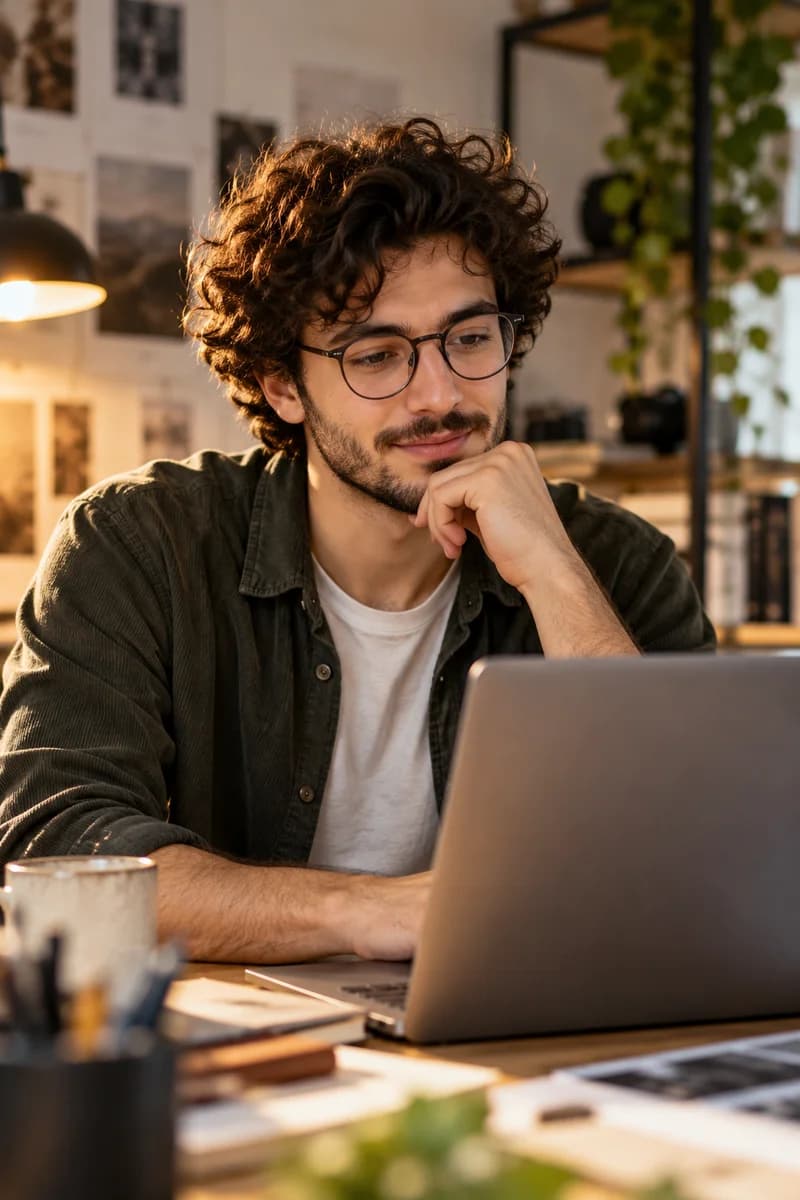 Creative reviewing his latest work on a laptop